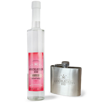Arschlecken350  Edelstahl-Flachmann und 1 Flasche Arschlecken350 Himbeer