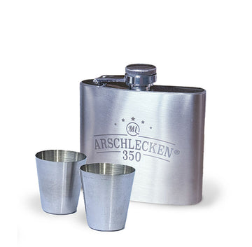 Arschlecken350  Edelstahl-Flachmann mit zwei Schnapsbechern Edelstahl