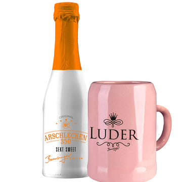 Sektkrug LUDER im Set mit einer Flasche Arschlecken 350 Sweet Piccolo Sekt