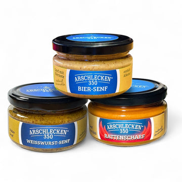 Arschlecken350 Senf-Set Biersenf + Weisswurstsenf + Rattenscharf 3 x180 ml
