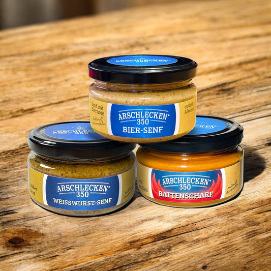 Arschlecken350 Senf-Set Biersenf + Weisswurstsenf + Rattenscharf 3 x180 ml