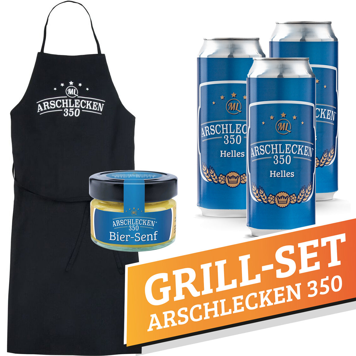 Grill-Set Arschlecken350 1x Arschlecken350 Schürze mit 3 Dosen Arschlecken 350 + Biersenf