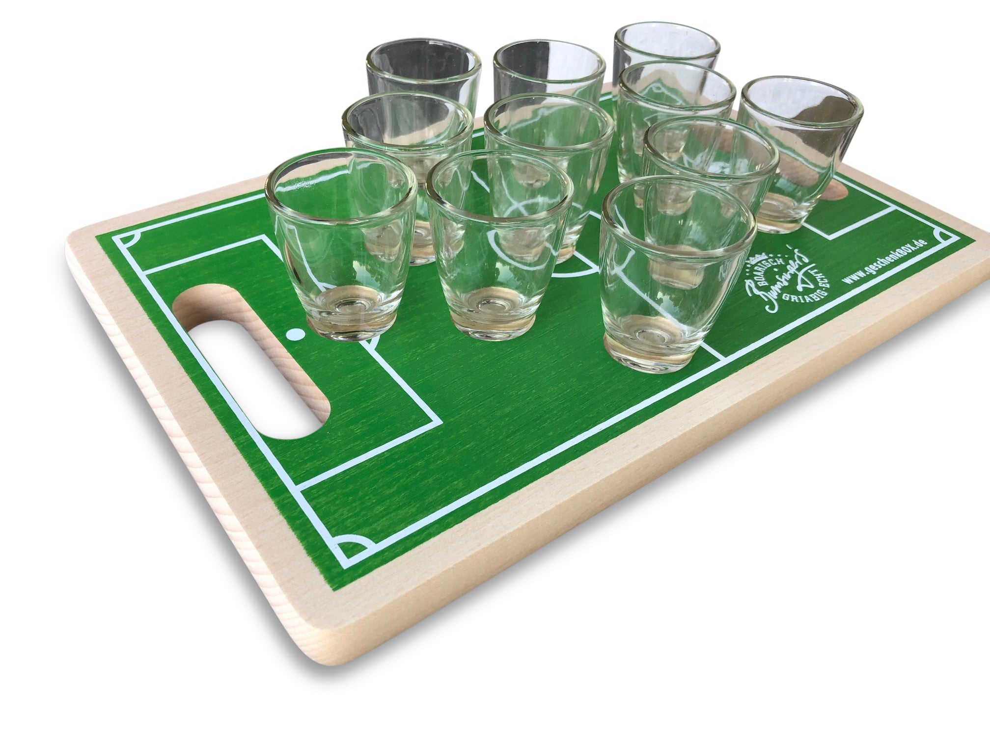 Holzbrett Schnapsbrett Fußball mit 11 Gläsern