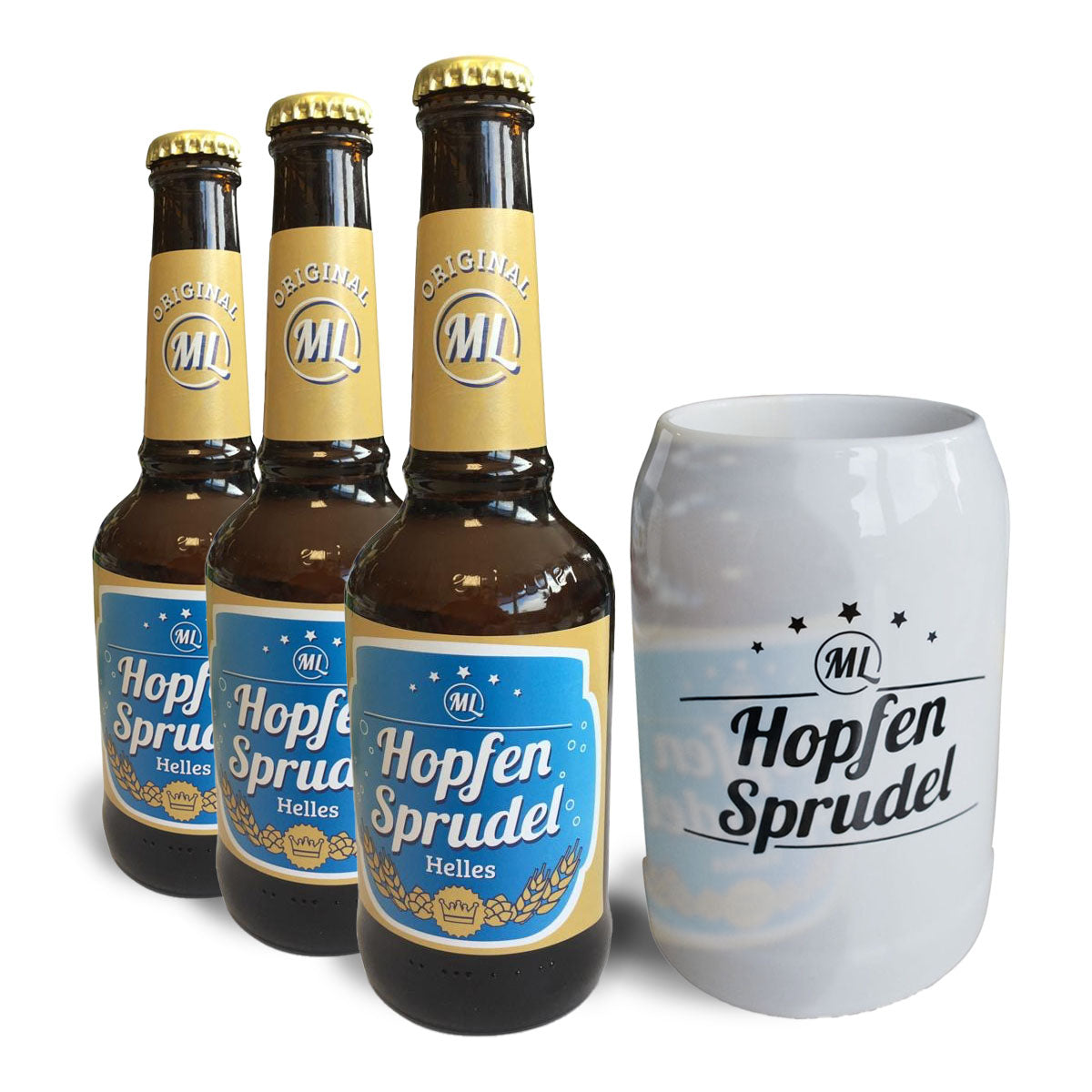 Set 3 Flaschen Hopfensprudel und Bierkrug 0,5 Liter - Hopfensprudel