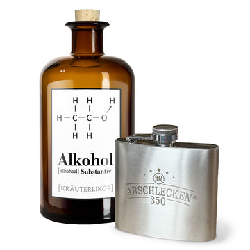 Set  Arschlecken350  Edelstahl-Flachmann und 1 Flasche Alkohol Kräuterlikör