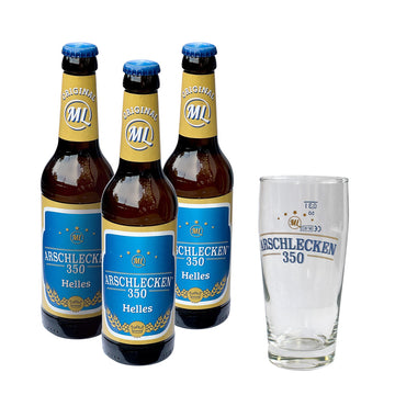 Geschenkset Arschlecken 350 + Bierglas 0,33 l Männergeschenk inkl. 3 Flaschen Helles Bier Arschlecken 350