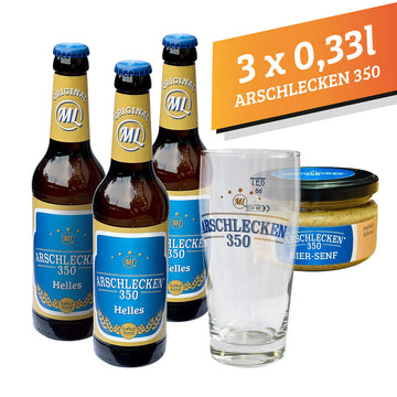 Männergeschenk Bierglas 0,33 l + 3 Flaschen Arschlecken 350 + Biersenf