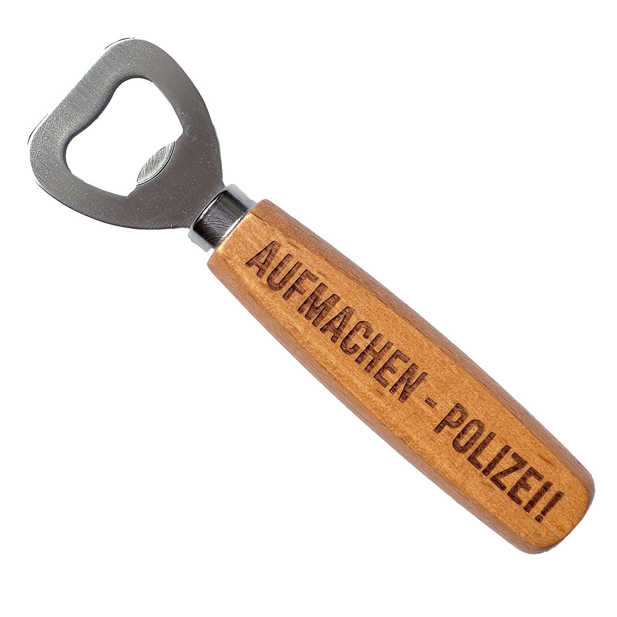 Flaschenöffner mit Lasergravur "Aufmachen, Polizei!" Holz / Metall