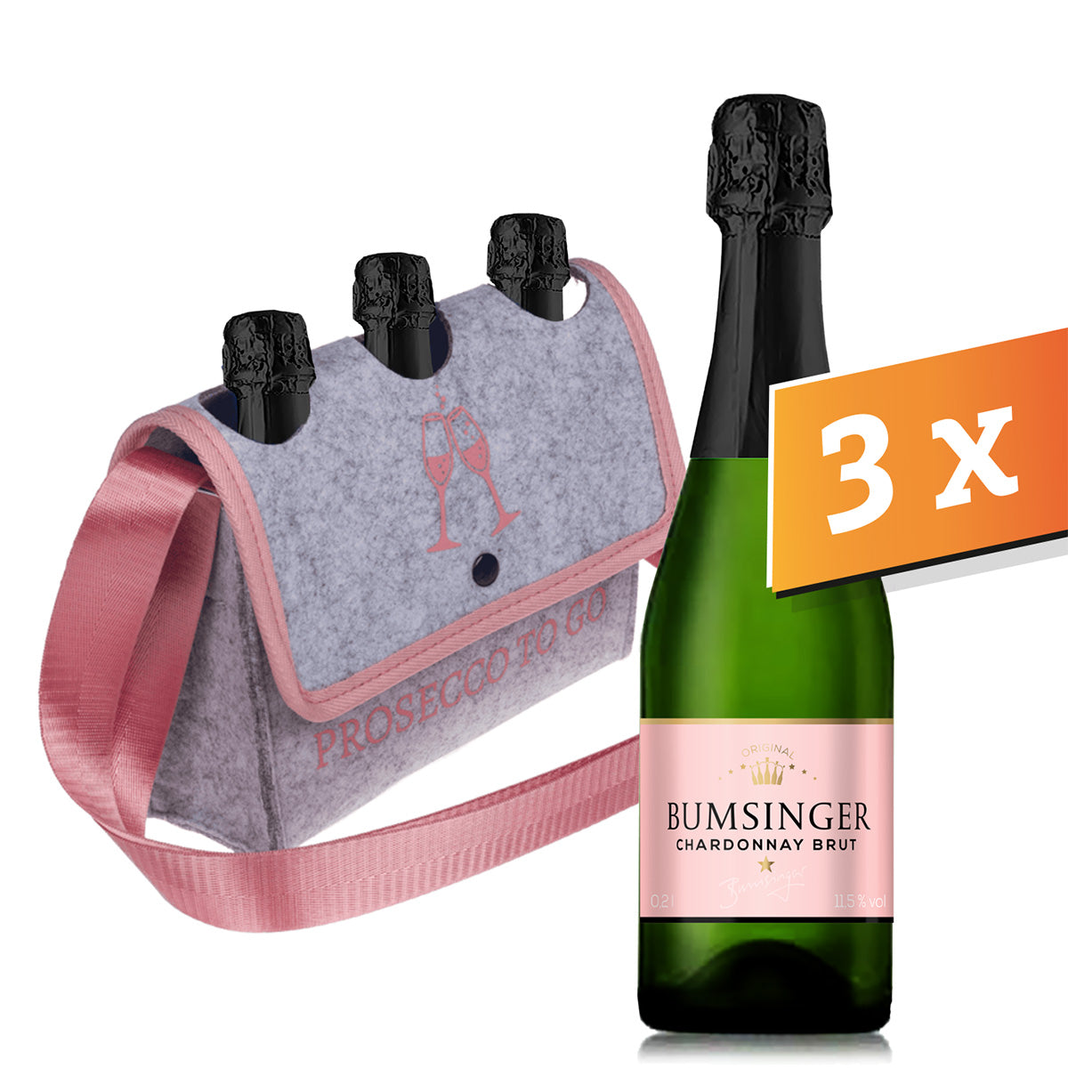 Set Filzhandtasche Prosecco to go mit 3x Chardonnay Bumsinger 0,2l