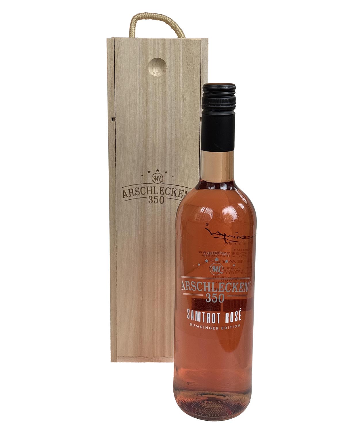 Arschlecken 350 Samt Rosé Wein in der Holz-Präsentkassette mit Schiebedeckel