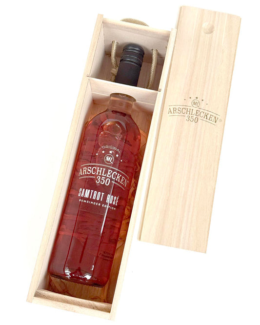 Arschlecken 350 Samt Rosé Wein in der Holz-Präsentkassette mit Schiebedeckel