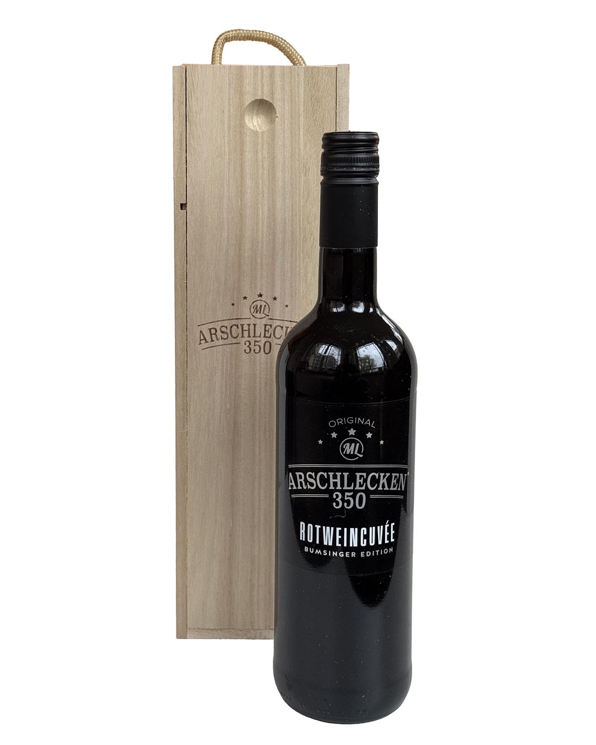 Arschlecken 350 Rotwein in der Holz-Präsentkassette mit Schiebedeckel