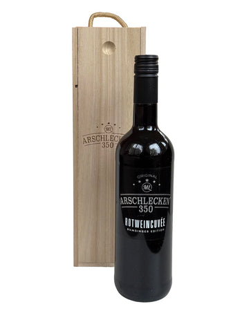 Arschlecken 350 Rotwein in der Holz-Präsentkassette mit Schiebedeckel