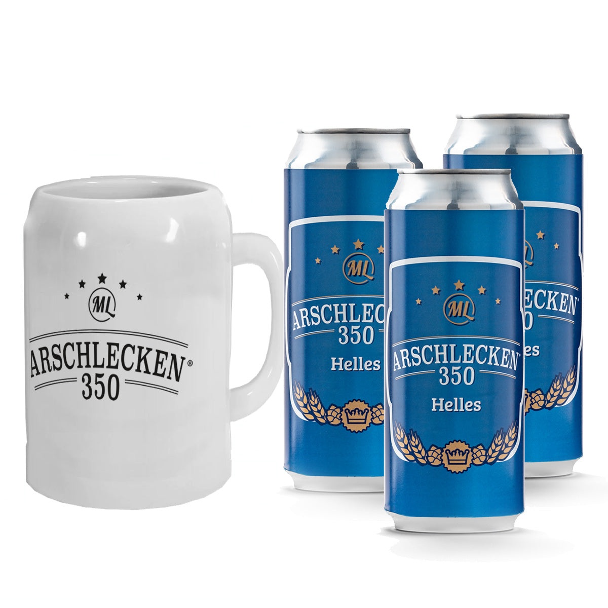 Bierkrug Arschlecken350 Set mit 3 Dosen Arschlecken 350