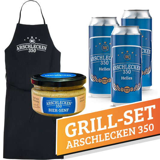 Grill-Set Arschlecken350 1x Arschlecken350 Schürze mit 3 Dosen Arschlecken 350 + Biersenf