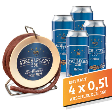 Snackwurst Wursttrommel Bierset, 3,5m lange, scharfe Snackwurst (240g) & 4 DosenBier Arschlecken 350 á 0,5l