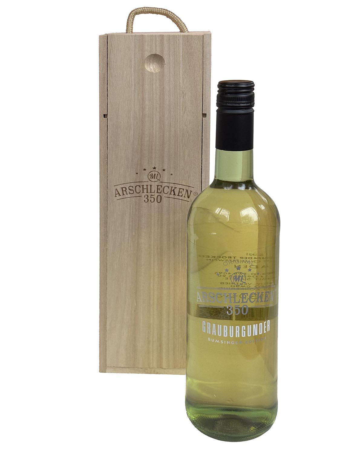 Arschlecken 350 Grauburgunder in der Holz-Präsentkassette mit Schiebedeckel